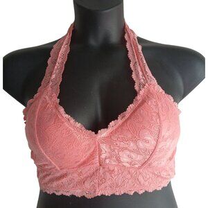 A-Shape  Wirefree Fine Intricate Peach Lace Halter Plunge Bralette Crop bra
